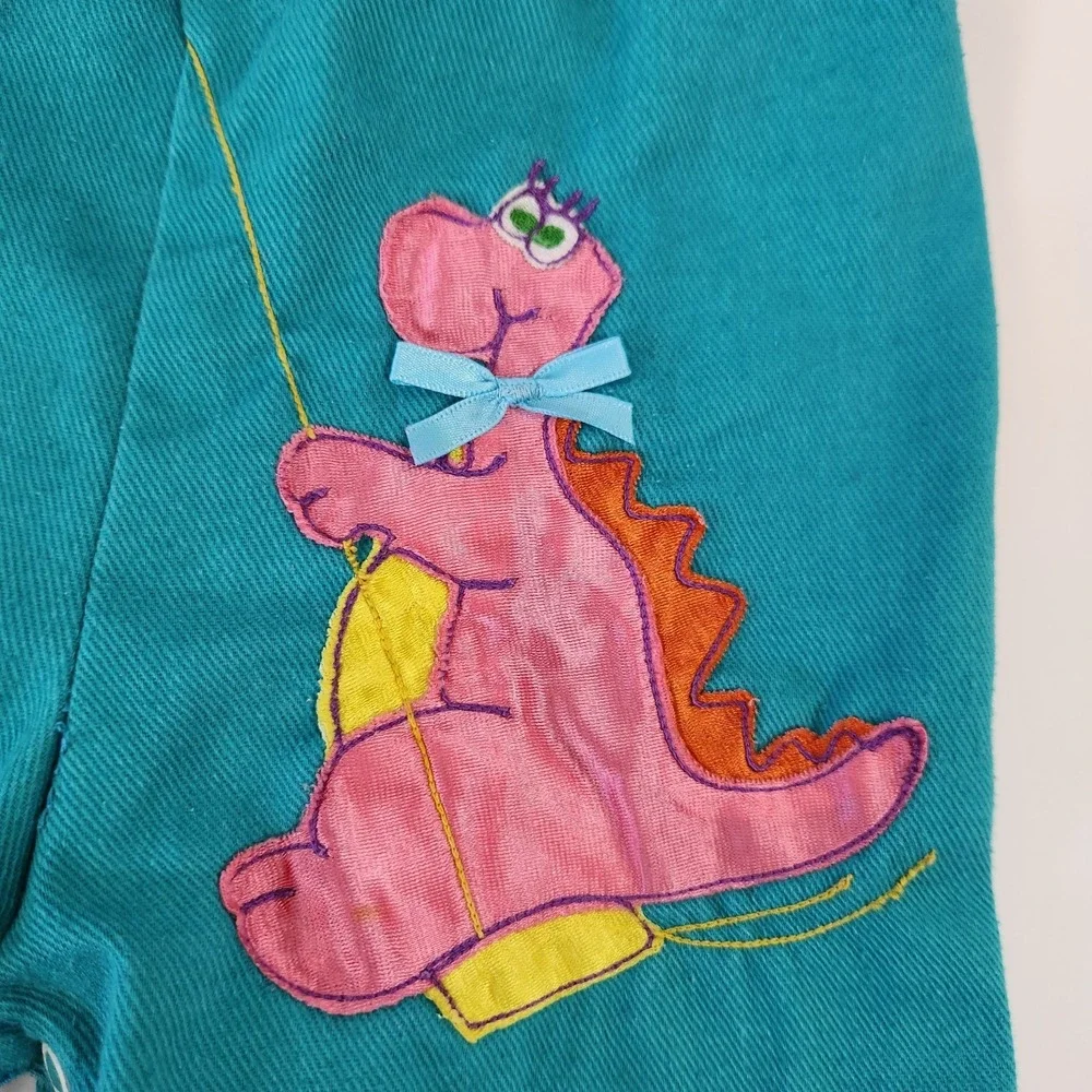 Vintage 80s Krazy Kritters Overalls Girls Size 2 Dinosaur Applique Teal Pink USA